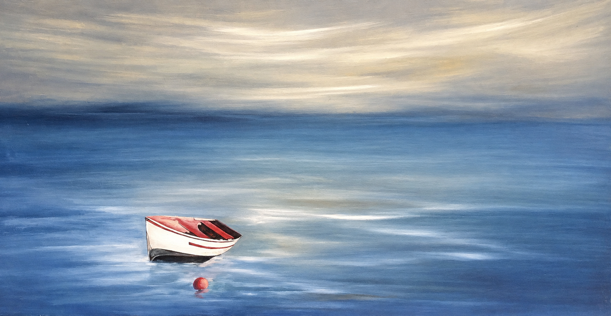 Ewaldi artwork: A tiny red-and-white boat sits alone on smooth blue water beneath layered mist-grey cloud bands.