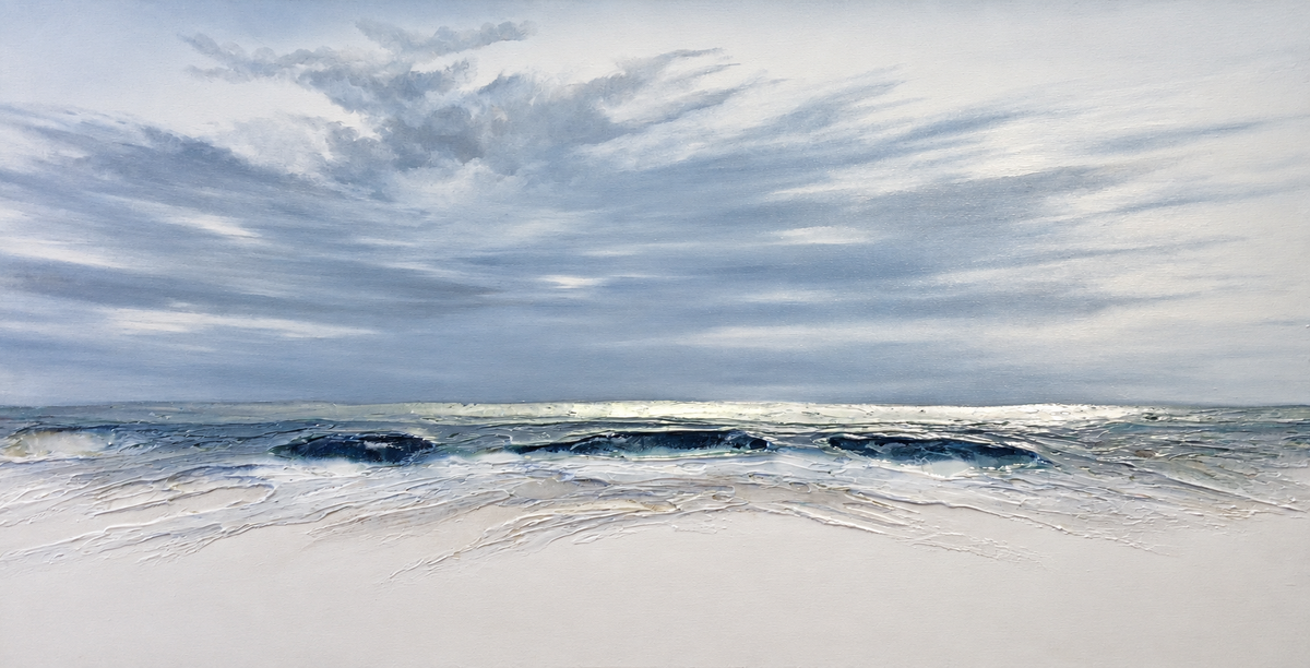 Ewaldi artwork: An almost-black ocean break stretches across a pale foreground beneath wide overlapping blue and grey.