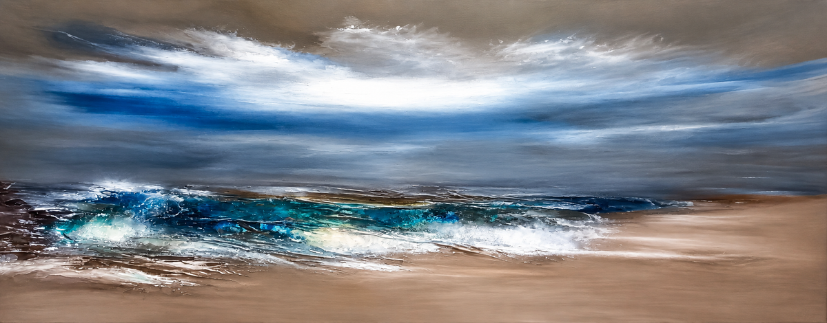 Ewaldi artwork: A panoramic strip of foaming turquoise surf reaches a sandy foreground under a wide slate-blue sky.