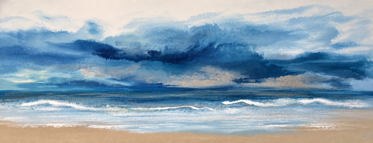 Ewaldi artwork: Heavy dark-blue storm clouds roll over a low breaking-wave shoreline.