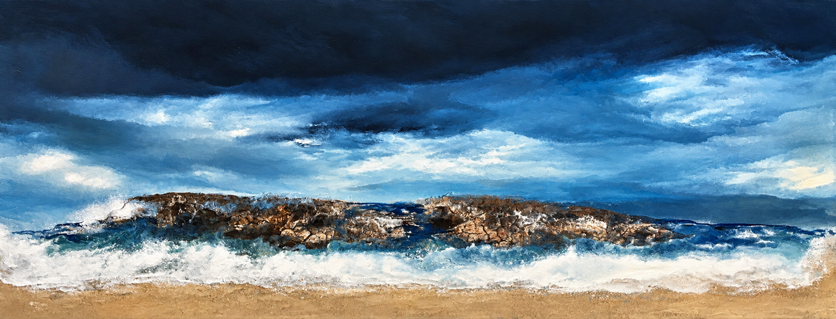Ewaldi artwork: White breakers crash over dark rocky surf beneath a dramatic blue-black cloud bank.