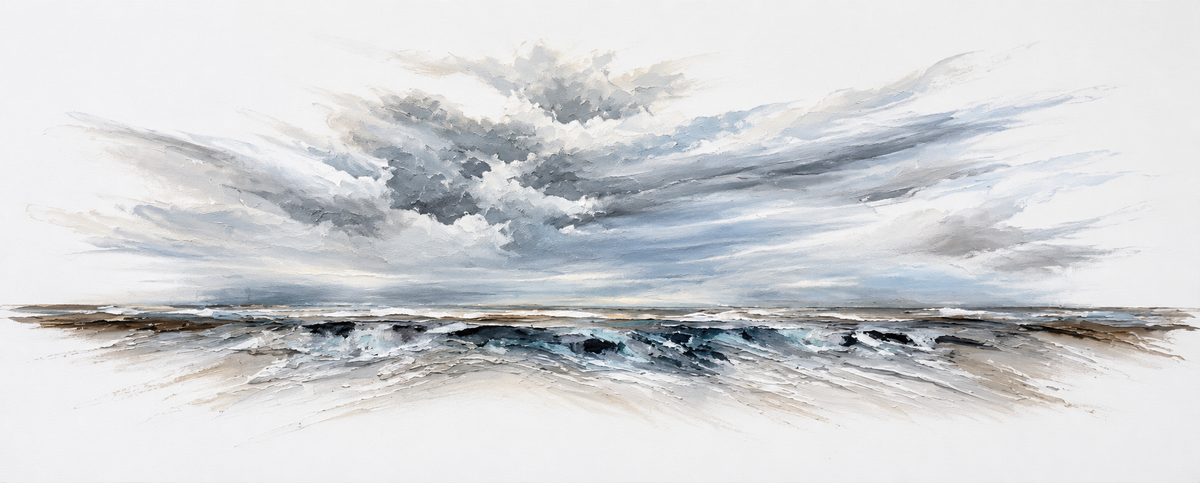 Ewaldi artwork: A thin grey-black horizon of textured surf runs across a largely white canvas.