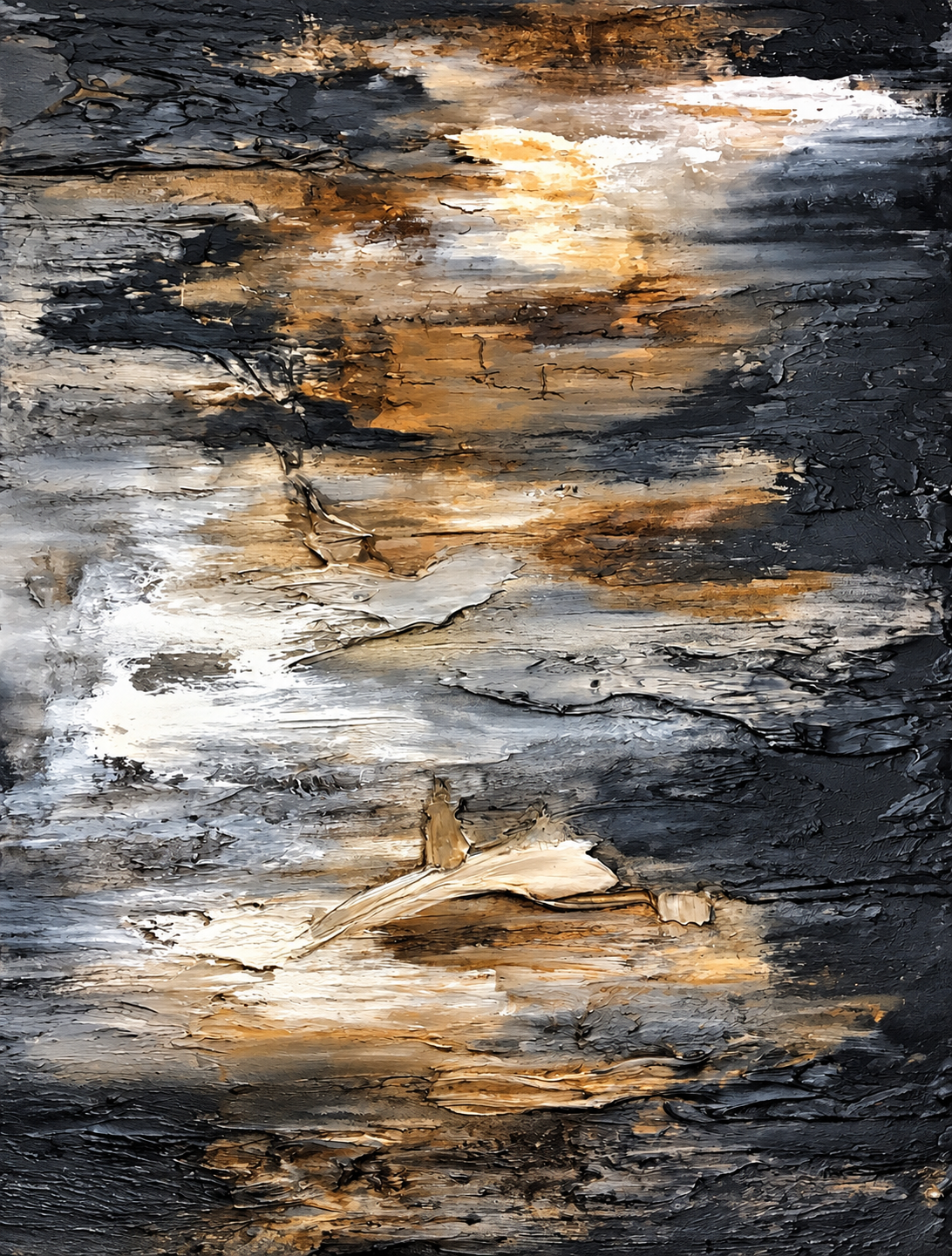 Ewaldi artwork: Layered charcoal and warm ochre bands suggest a rugged shoreline or abstract landscape illuminated.