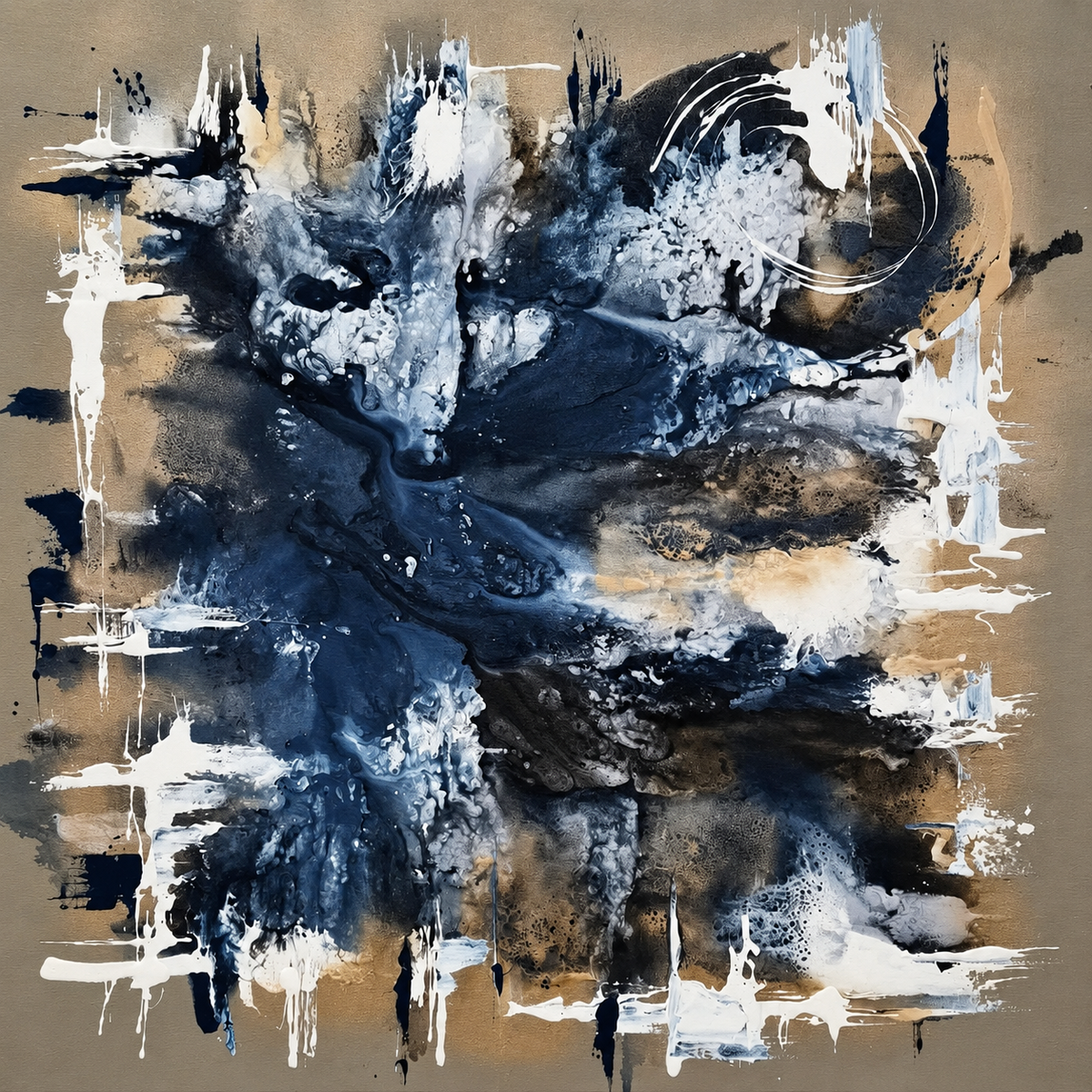 Ewaldi artwork: A square gestural abstraction of navy-charcoal splashes and bold white strokes over a warm taupe ground.