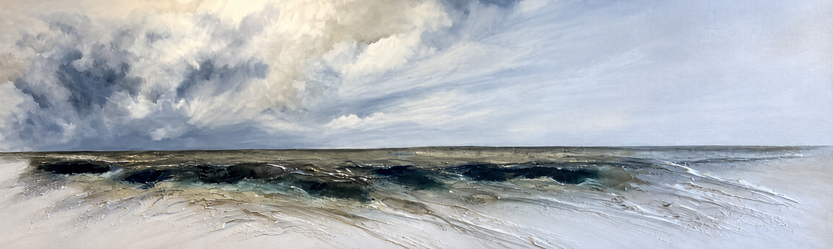 Ewaldi artwork: A very wide dark ocean strip and shore sit beneath billowing charcoal storm clouds that sweep.