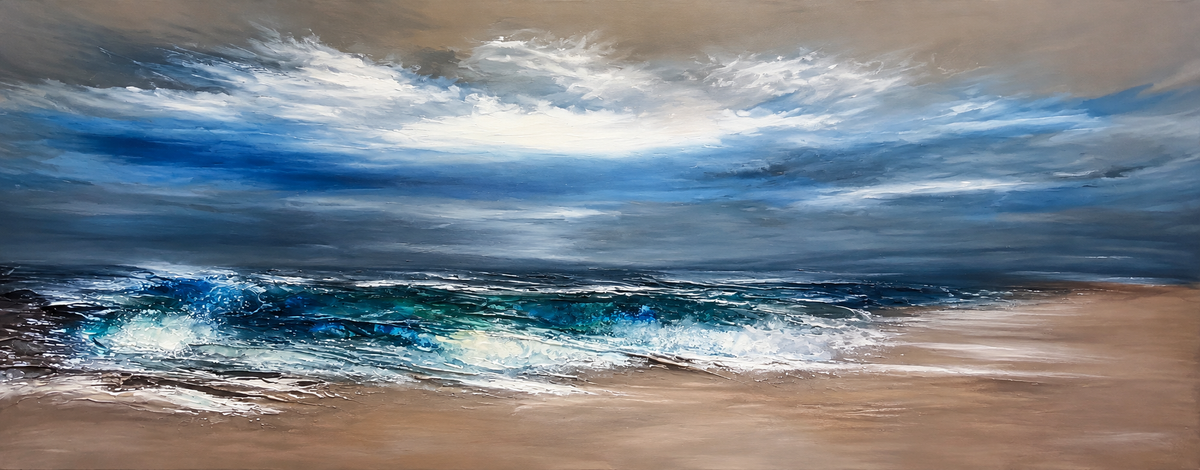 Ewaldi artwork: A long coastal panorama shows blue-green breakers and a sandy shore beneath softly layered silvery-blue.