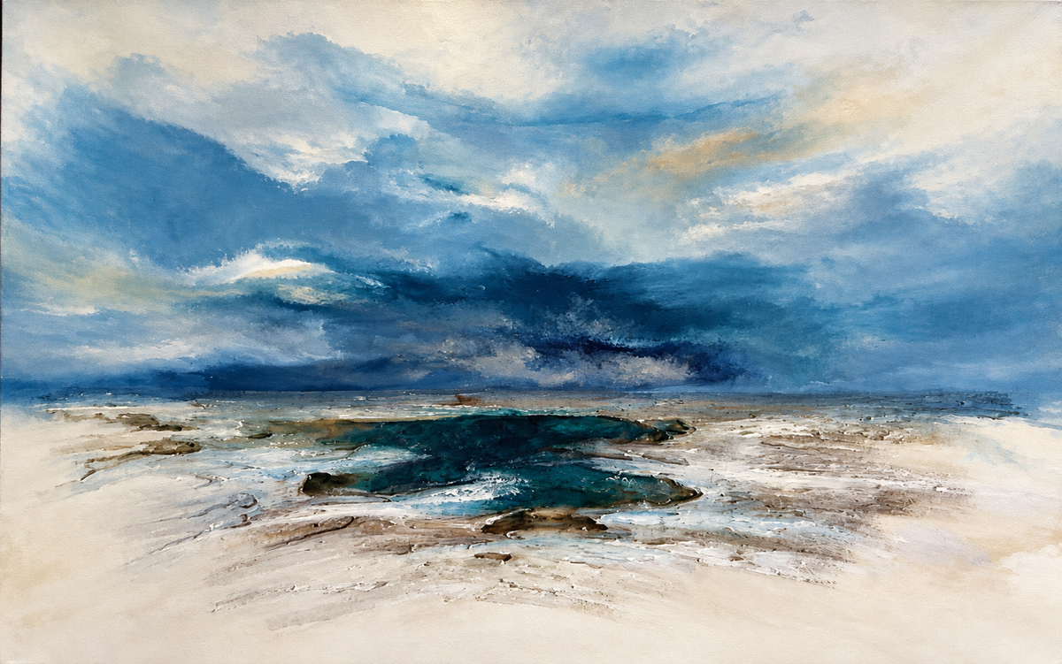 Ewaldi artwork: A layered blue and teal cloud bank sweeps across a coastal horizon above blue-green pools and scattered.