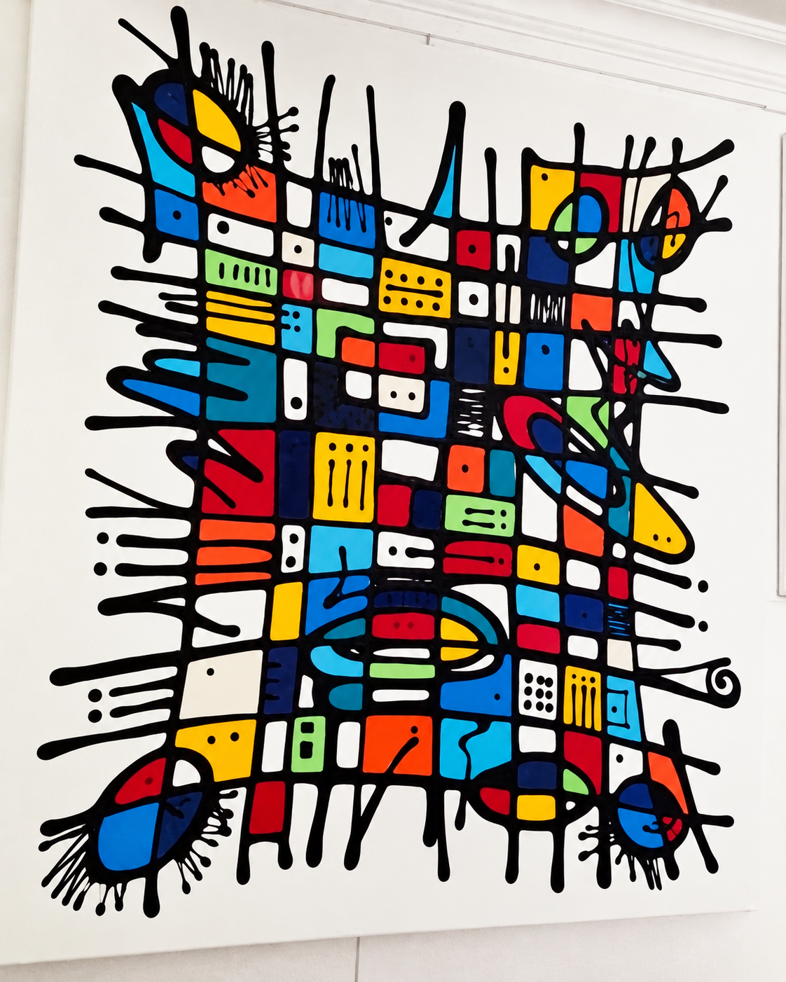 Ewaldi artwork: A tall vertical patchwork of small red, blue, yellow and green blocks is enclosed by a playful network.