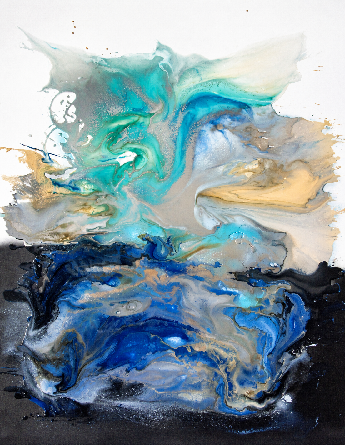Ewaldi artwork: Turquoise and mint swirls crest above a dense deep-blue and black fluid base.