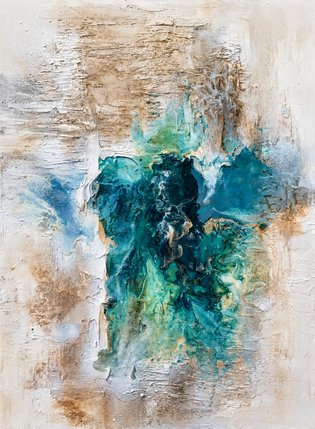 Ewaldi artwork: An irregular teal-blue mineral-like pool blooms through a vertical creamy plaster-textured field.