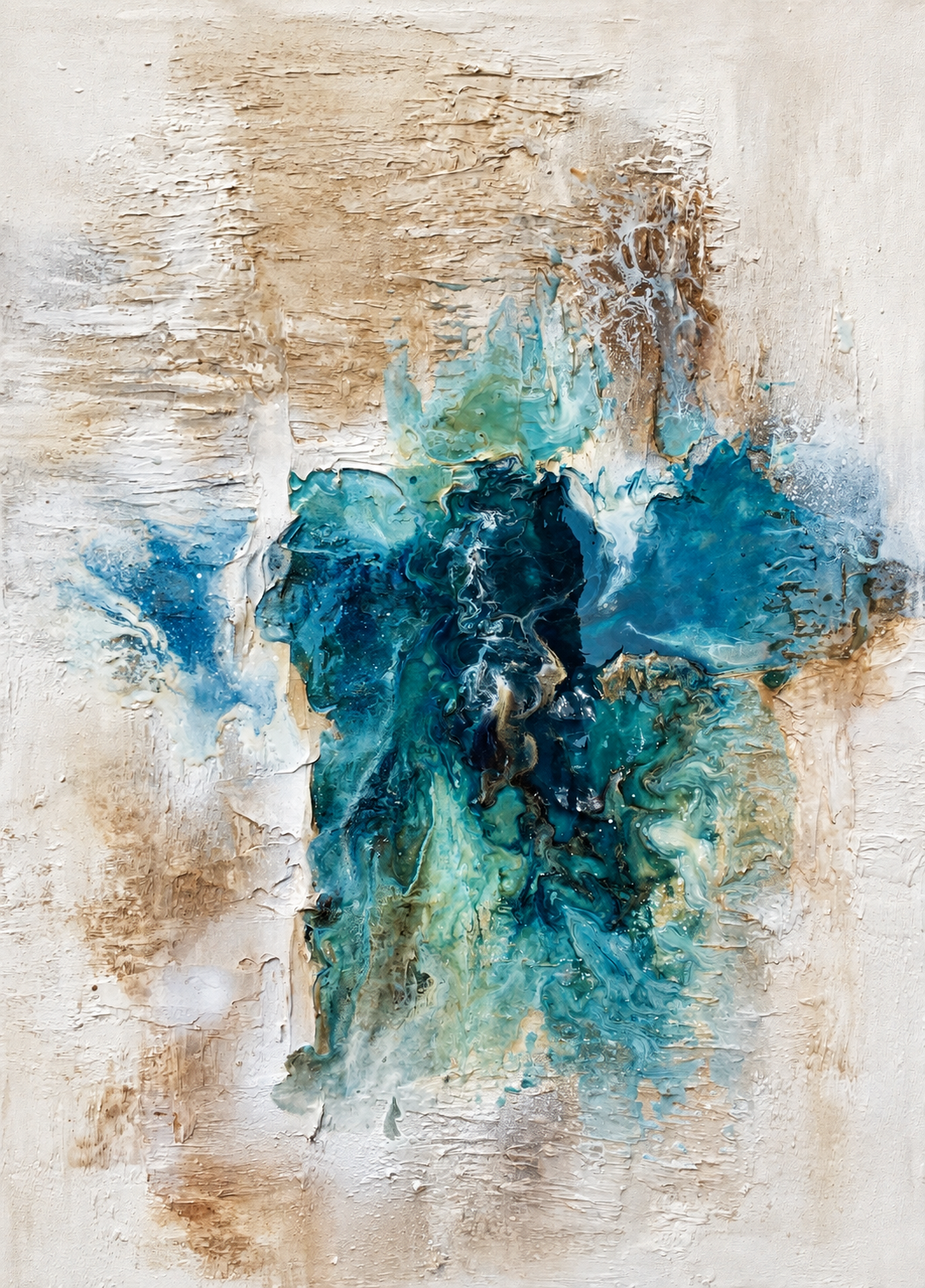 Ewaldi artwork: A vertical blot of teal and navy fluid spreads from a compact dark centre onto a pale white-and-gold.