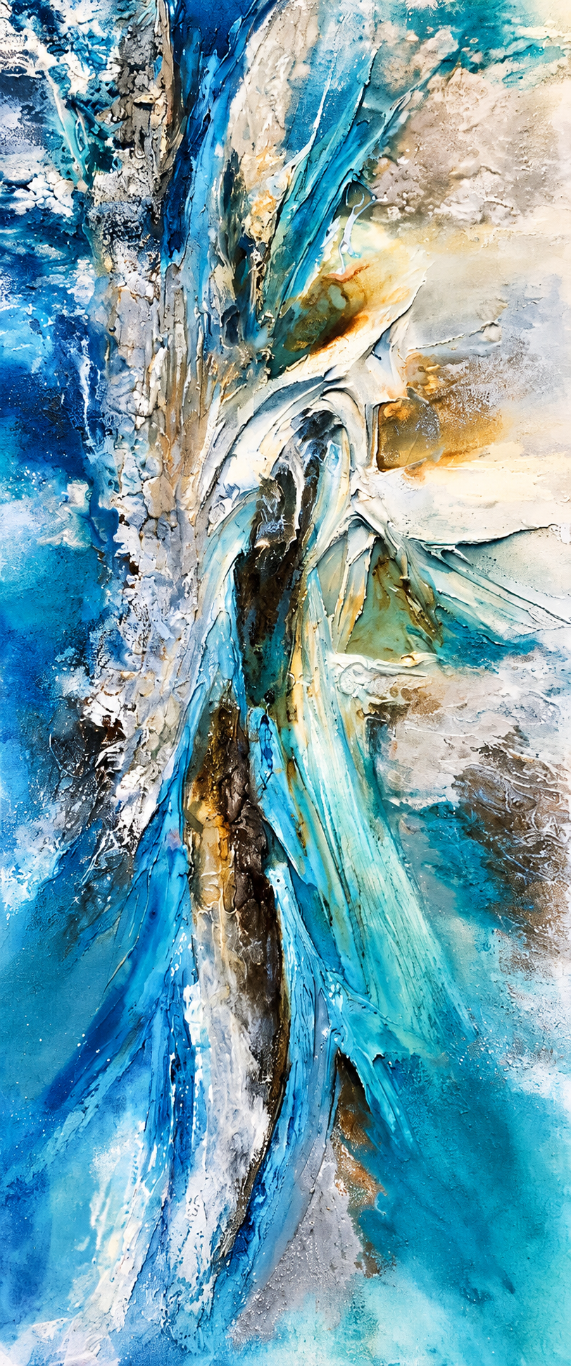 Ewaldi artwork: A tall, narrow cascade of electric blue and white brush-like streaks twists through cream.