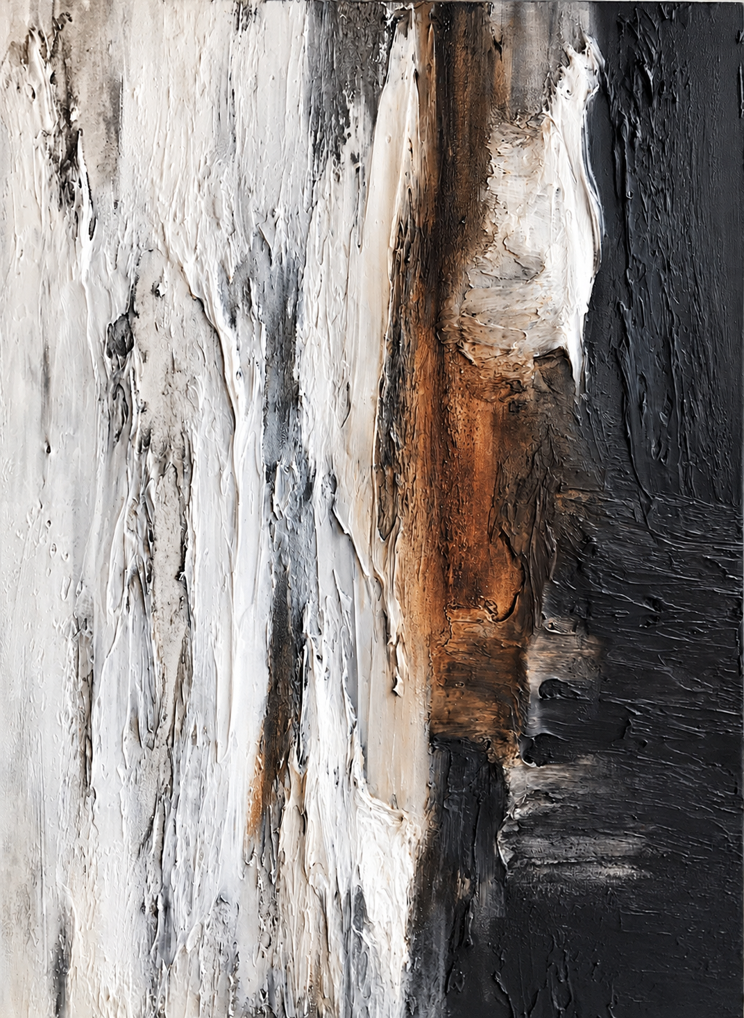 Ewaldi artwork: A tall, almost monochrome panel of rough white and grey plaster-like striations interrupted by a narrow.