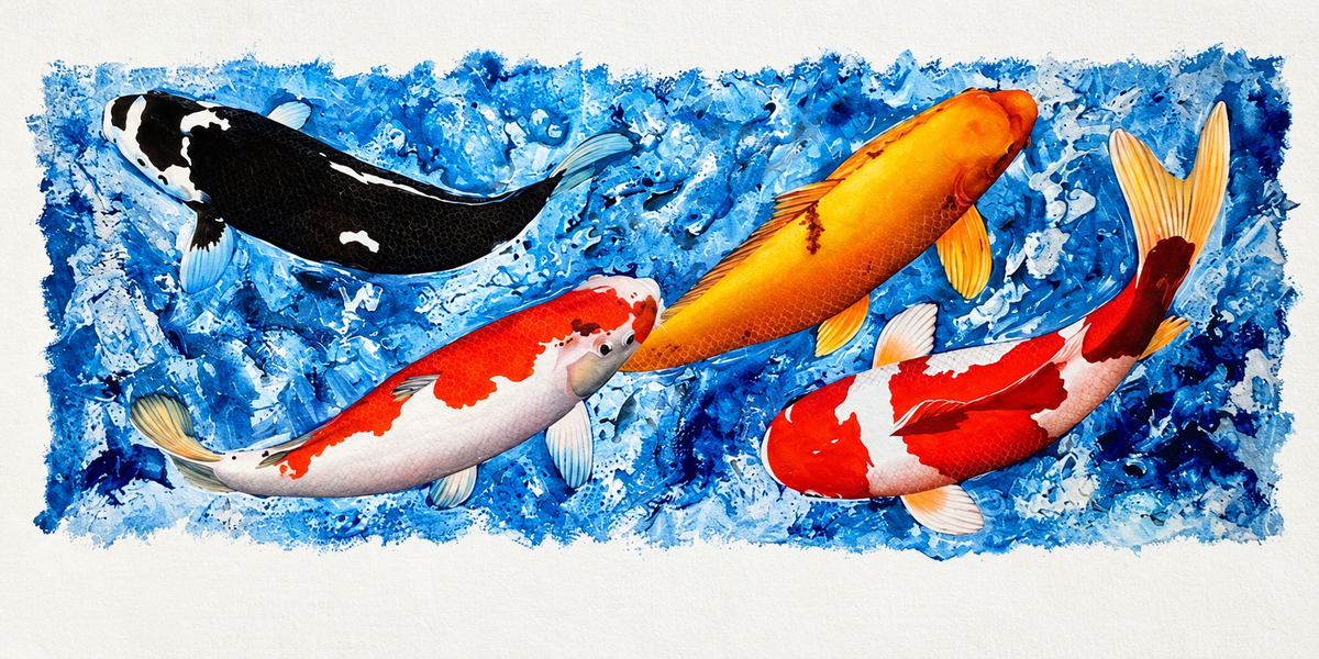 Ewaldi artwork: Four koi—one black-and-white, one orange-gold, and two red-and-white—move through a long.