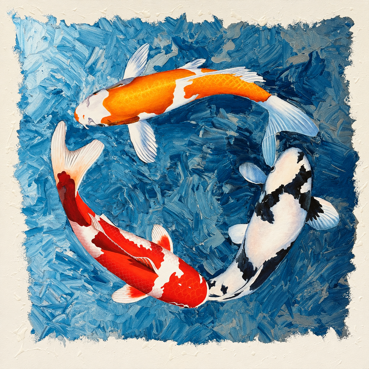 Ewaldi artwork: Three koi—one orange-and-white, one red-and-white and one black-and-white—circle in thick blue painted water.