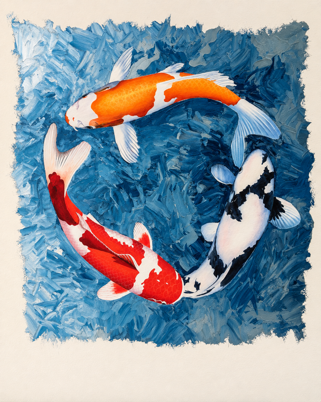 Ewaldi artwork: Three red-white, orange-white and black-white koi swim around one another over a smaller blue textured.