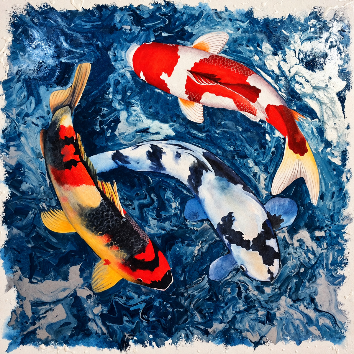 Ewaldi artwork: Three large koi circle in deep textured blue water, with red-white, black-white and orange-black markings.