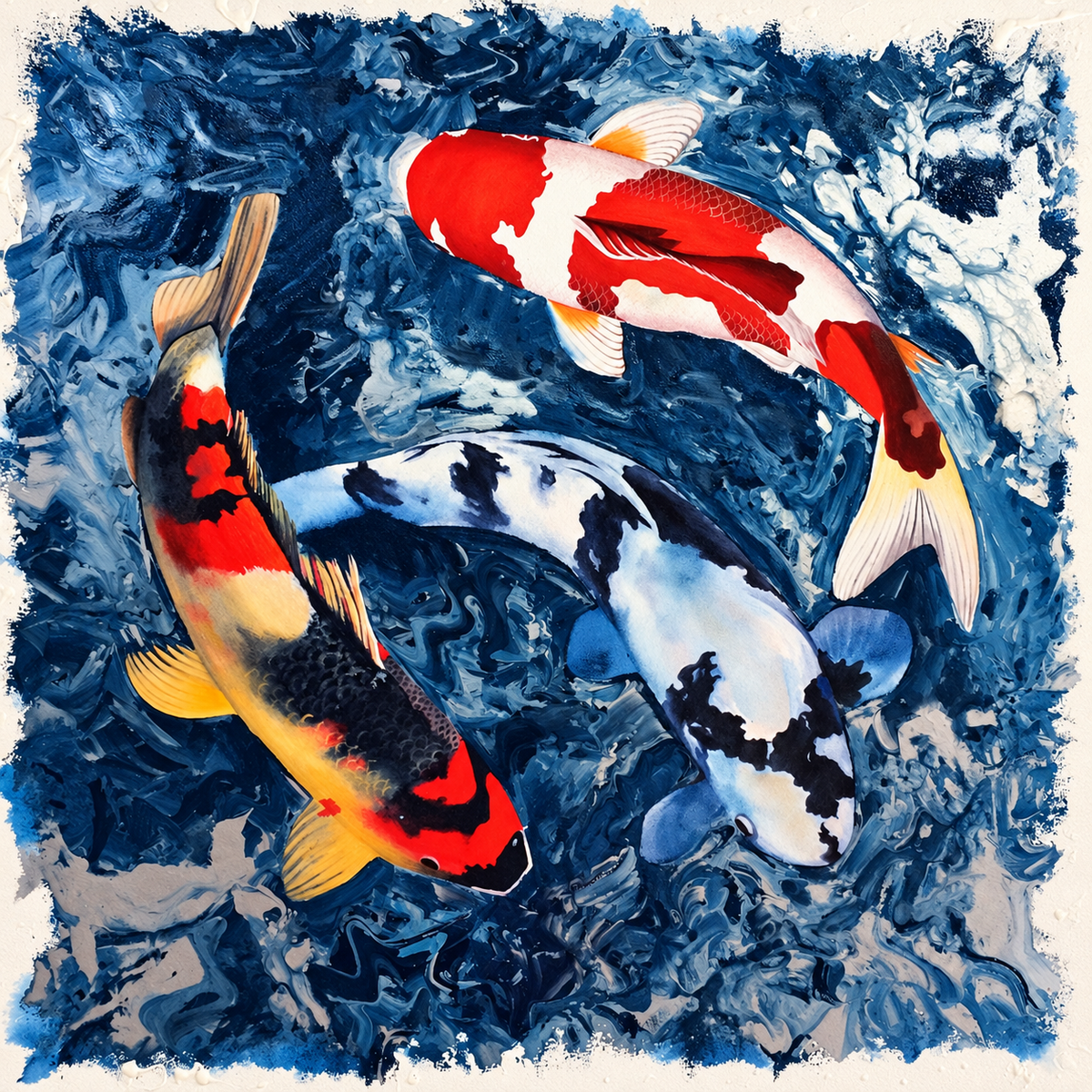 Ewaldi artwork: Three koi in a closely related composition above dense blue-white marbled water, with red, orange.