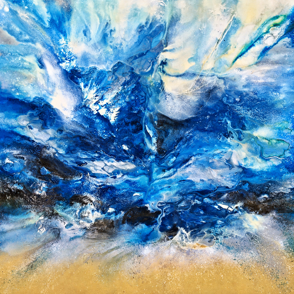 Ewaldi artwork: A turbulent sweep of blue and white fluid pigment spreading outward in layered.