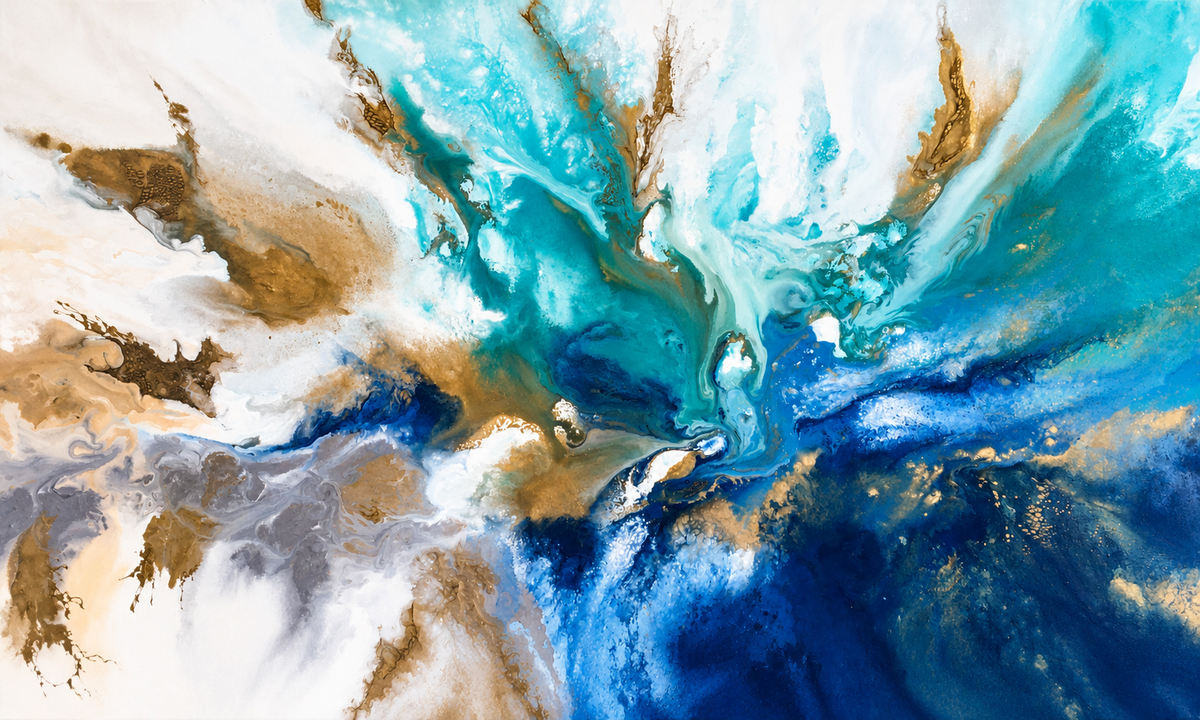 Ewaldi artwork: A broad turquoise-blue surge explodes outward over a light ground.