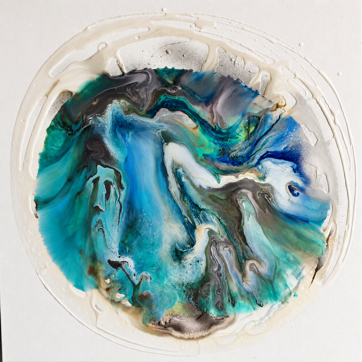 Ewaldi artwork: A circular bloom of turquoise and blue pigment spreads into soft grey.