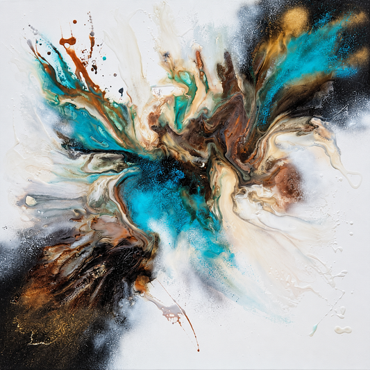 Ewaldi original mixed medium artwork featuring an expressive abstract composition in turquoise, bronze, charcoal and cream on a white background