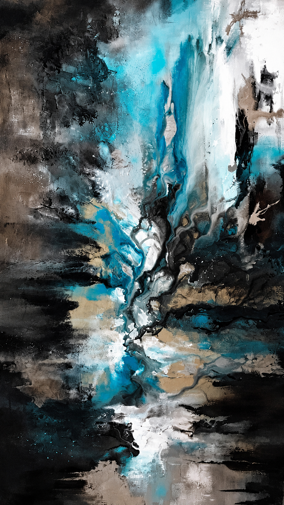 Ewaldi artwork: A narrow vertical cascade of turquoise and white painterly movement cutting through deep charcoal and black.