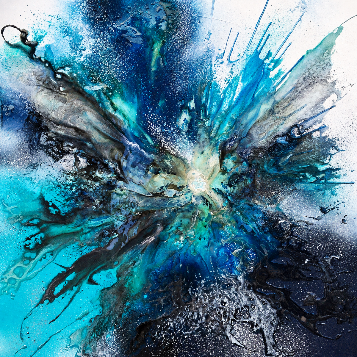 Ewaldi artwork: An outward explosion of turquoise, dark blue and white fluid marks.