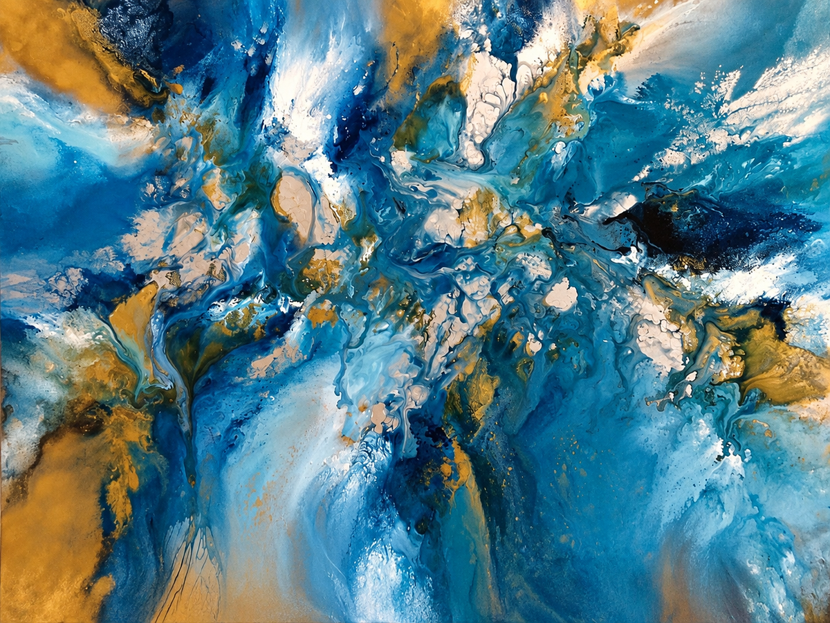 Ewaldi artwork: A wide turquoise-and-deep-blue abstract current flows outward from a bright centre.