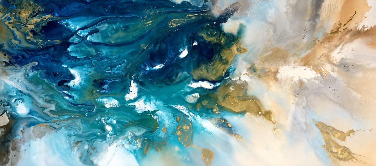 Ewaldi artwork: Thick turquoise and deep-blue current-like swirls sweep across a wide canvas.