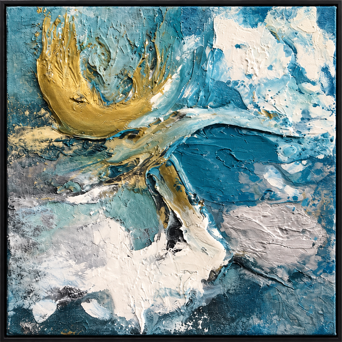 Ewaldi artwork: A square textured abstraction frames an upright blue-grey form beneath a dripping gold sweep and mottled.