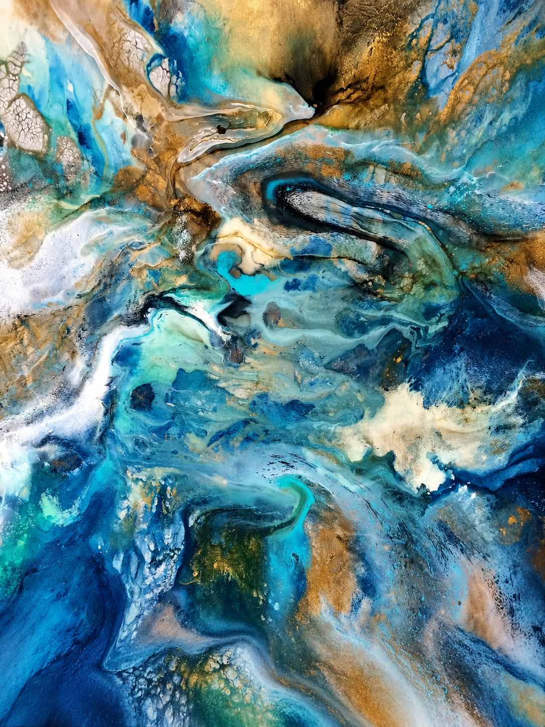 Ewaldi artwork: Dense overlapping blue and turquoise marbling bends around warm gold pockets and foamy pale breaks.