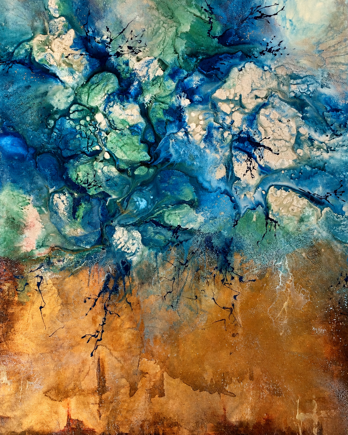 Ewaldi artwork: An upright field of mottled turquoise and blue-green textured clusters gives way to warm ochre.