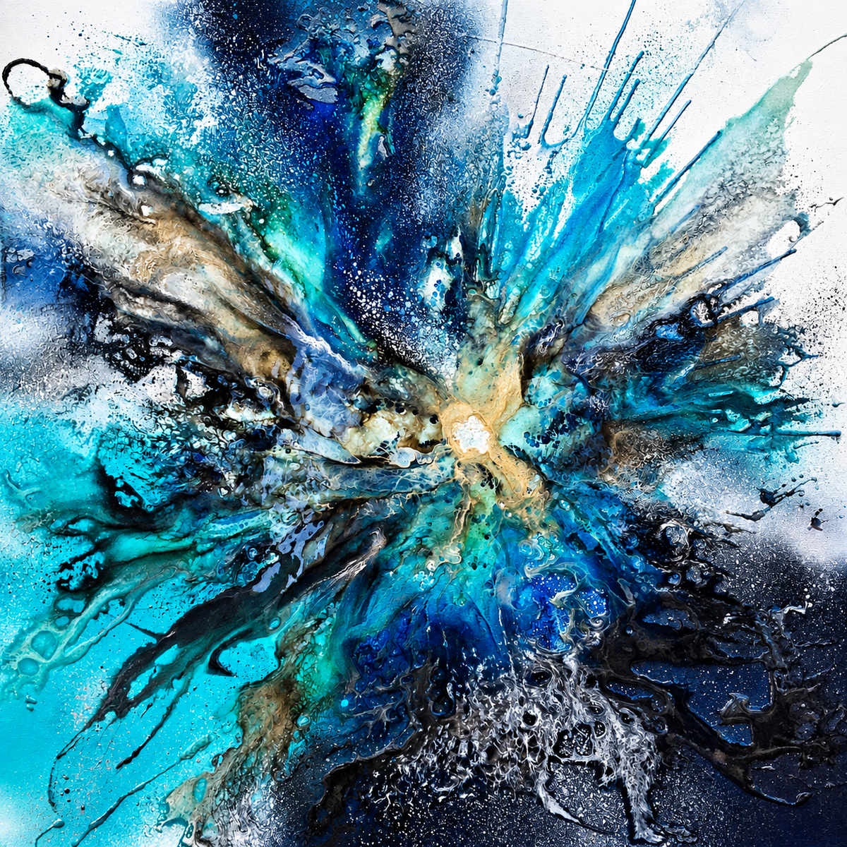 Ewaldi artwork: A layered blue-turquoise fluid burst radiating from a light central area into inky black and grey edges.