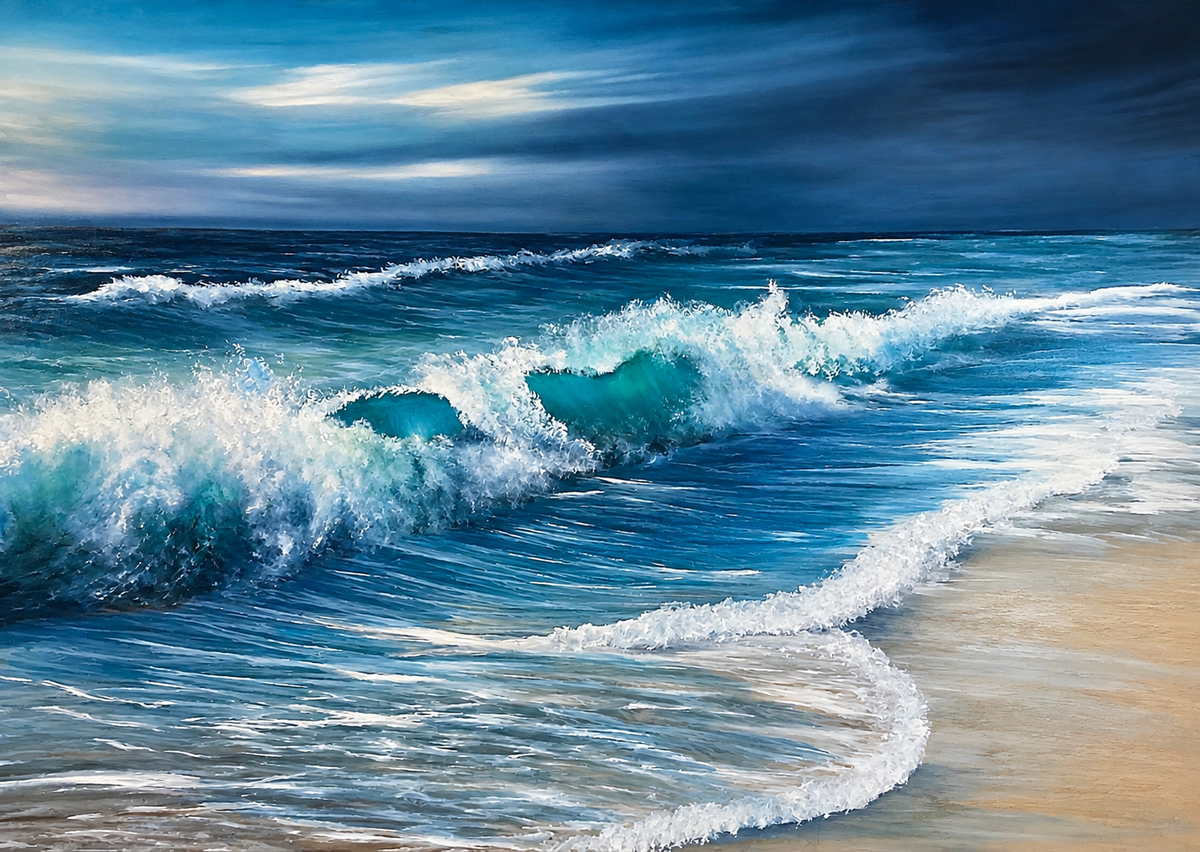 Ewaldi artwork: Rolling blue-green surf breaks into white foam beside a sandy shoreline beneath a deep cloud-filled blue sky.