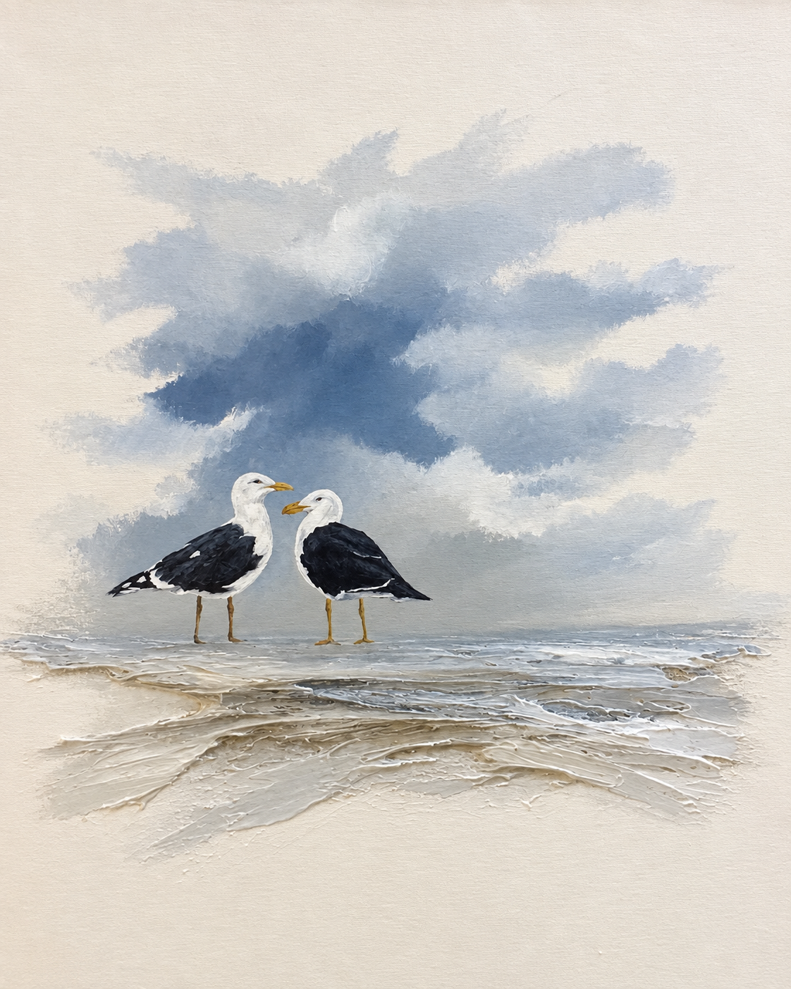 Ewaldi artwork: Two dark-backed white-headed seabirds stand together on a pale shoreline under a heavy soft-blue storm cloud.
