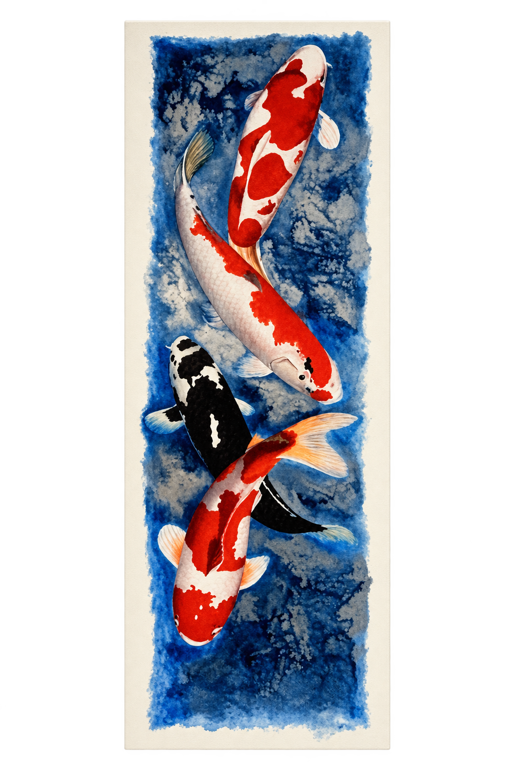 Ewaldi artwork: Two elongated red-and-white koi fish overlap diagonally through a narrow vertical column of deep blue.