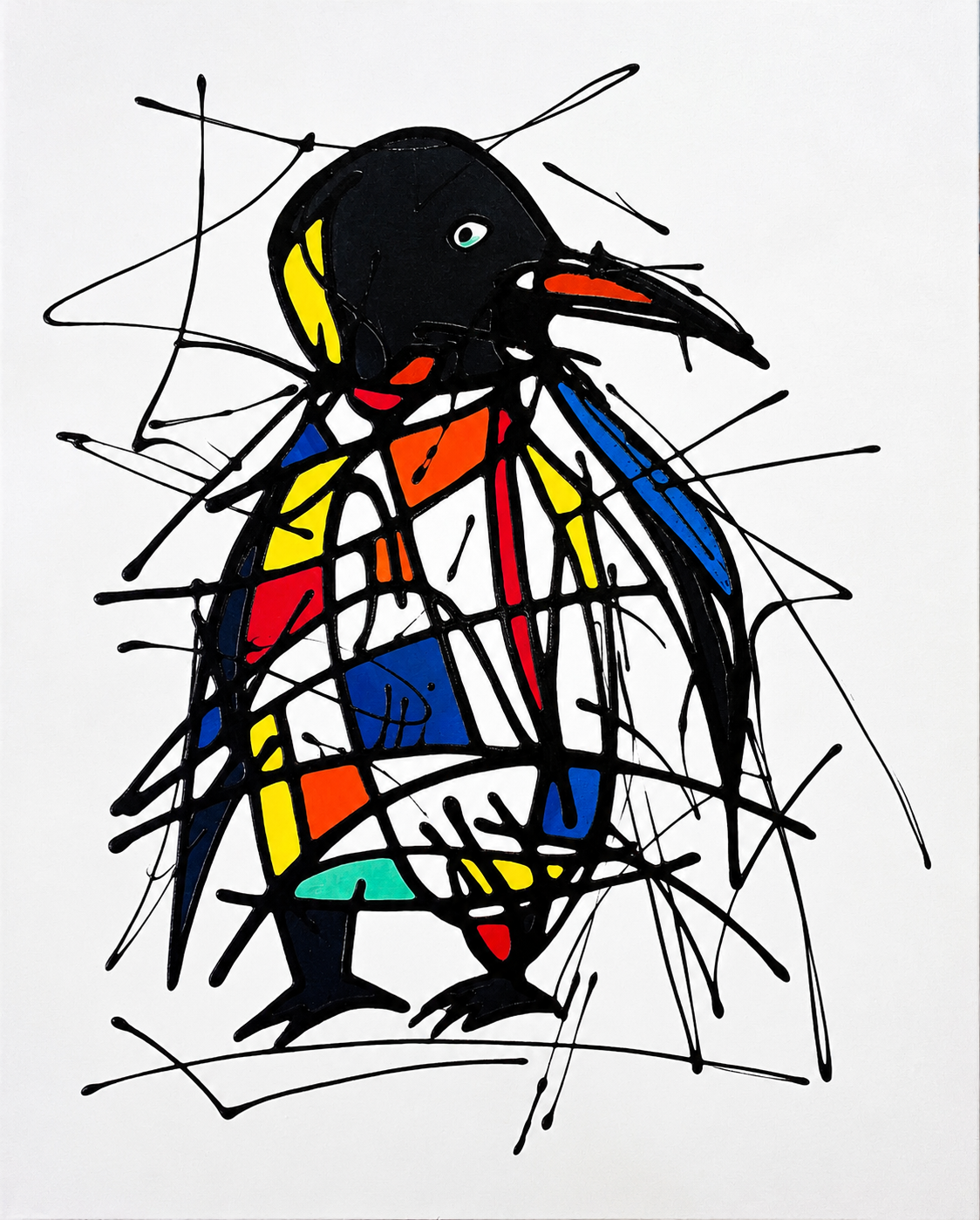 Ewaldi artwork: A stylised penguin outlined in bold black linework with a dark head.