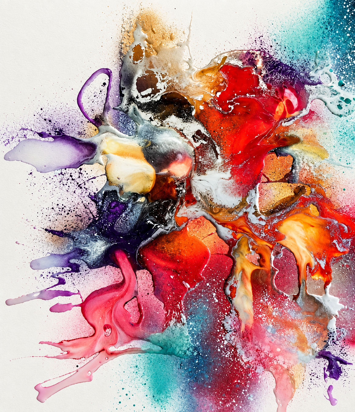 Ewaldi artwork: A loose vertical explosion of red-orange and yellow fluid marks flows through blue-teal splashes.