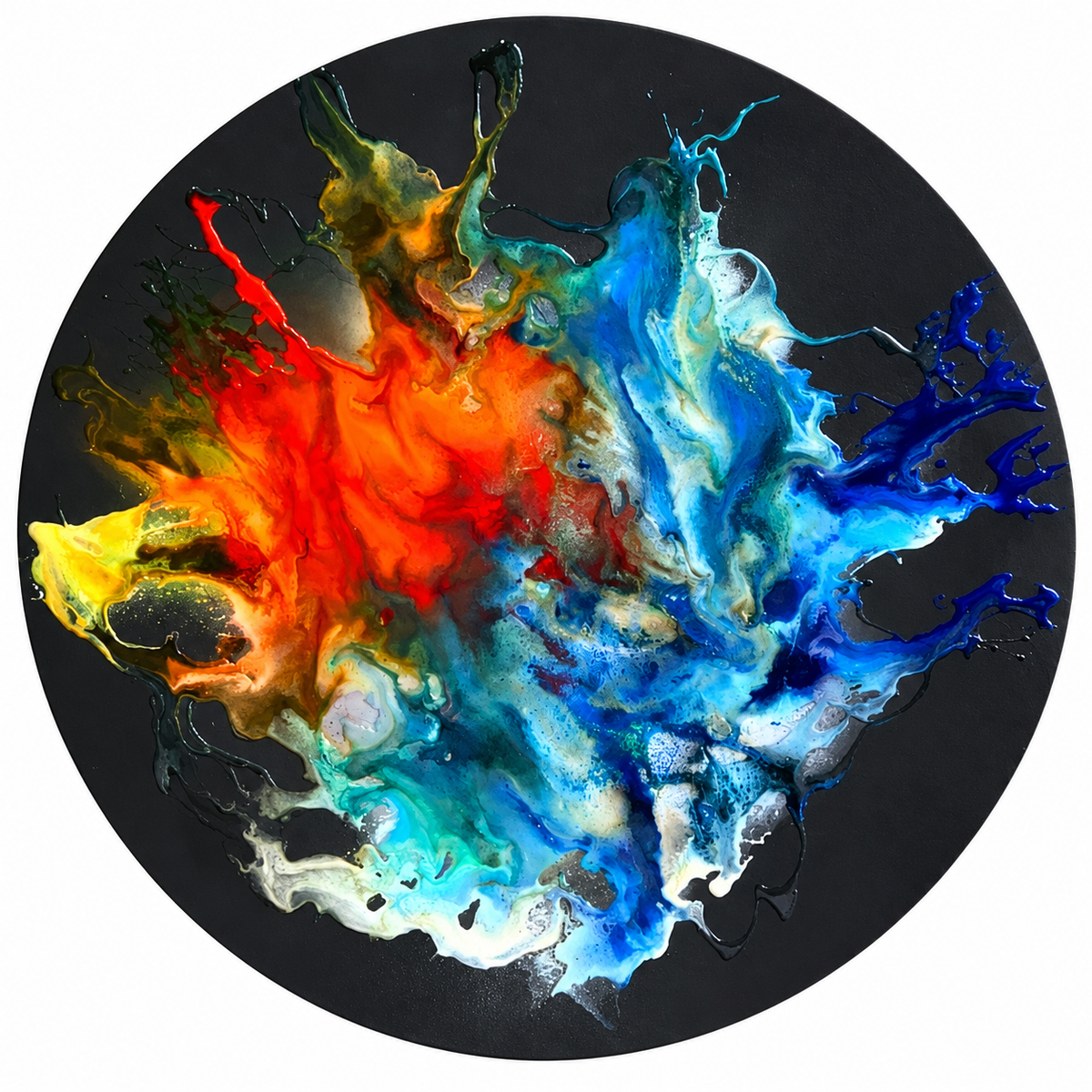 Ewaldi artwork: A round black field holding a brilliant circular explosion of red, yellow, teal and blue pigment.