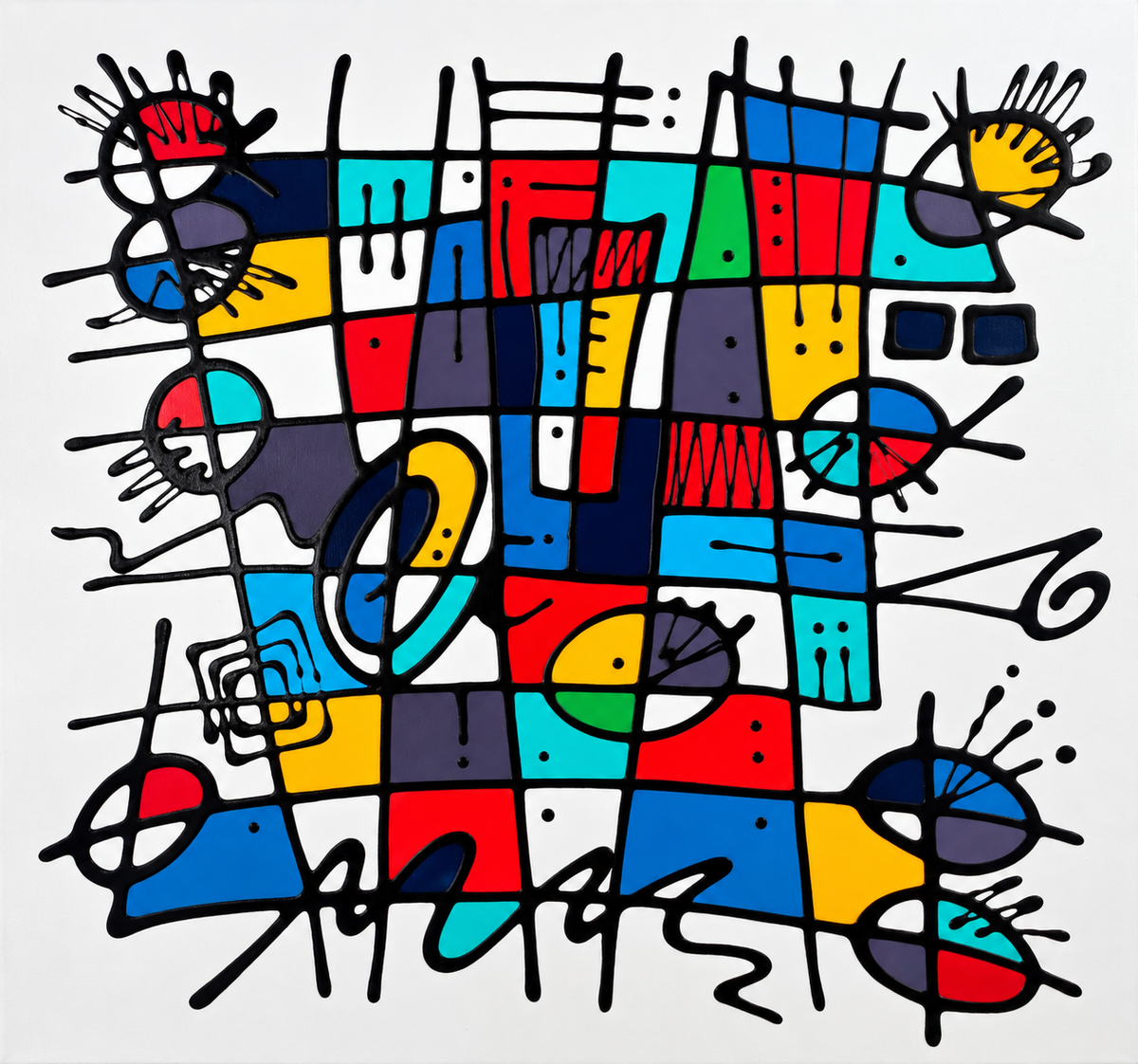Ewaldi artwork: A rectangular geometric grid of red, blue, yellow and white forms outlined by broad, irregular black lines.