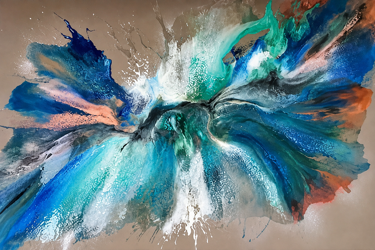 Ewaldi artwork: A broad horizontal splash of turquoise and navy fluid-like pigment across a beige-grey ground with pale.