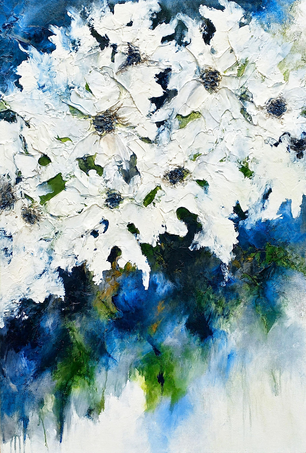 Ewaldi artwork: A mass of small white blossoms above deep blue-green foliage.