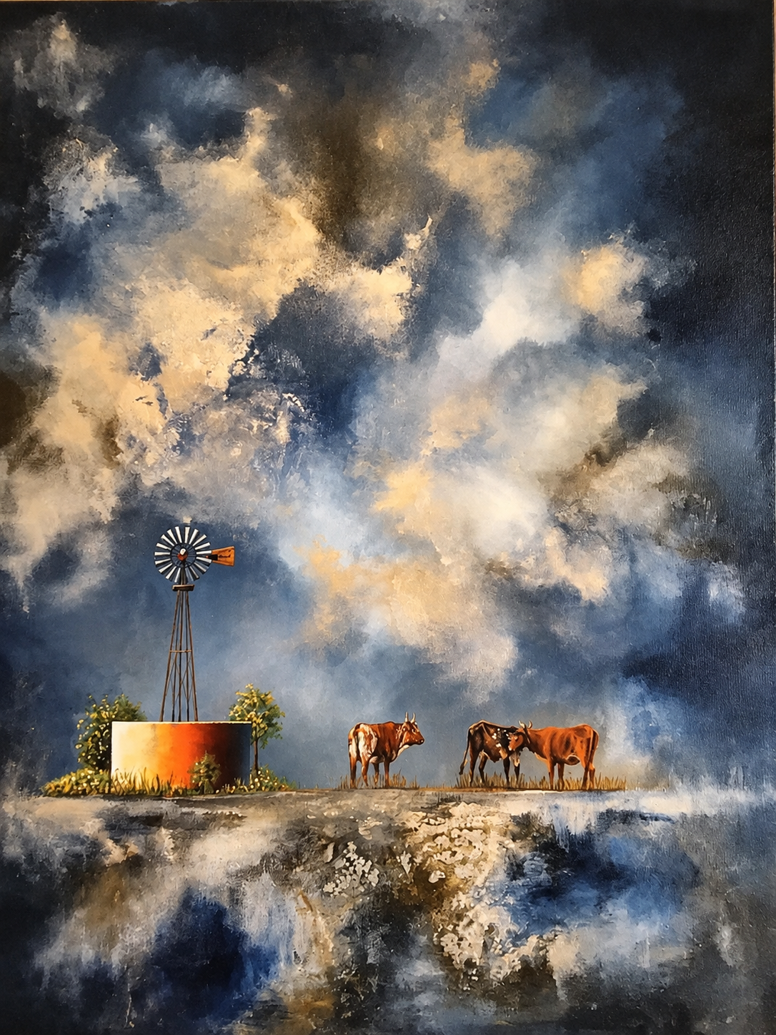 Ewaldi artwork: A small windpump and cattle on low ochre ground beneath a towering dark-blue, gold-lit storm cloudscape.