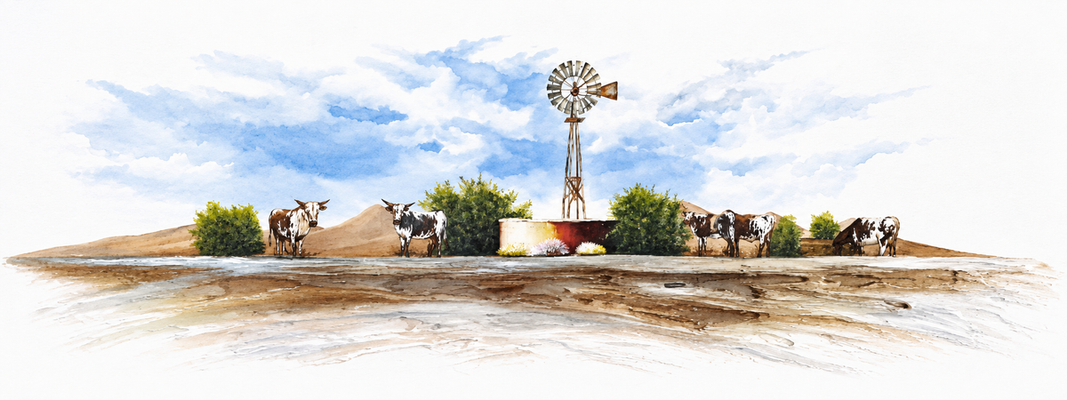 Ewaldi artwork: A long narrow stretch of dry open land with a central windpump.