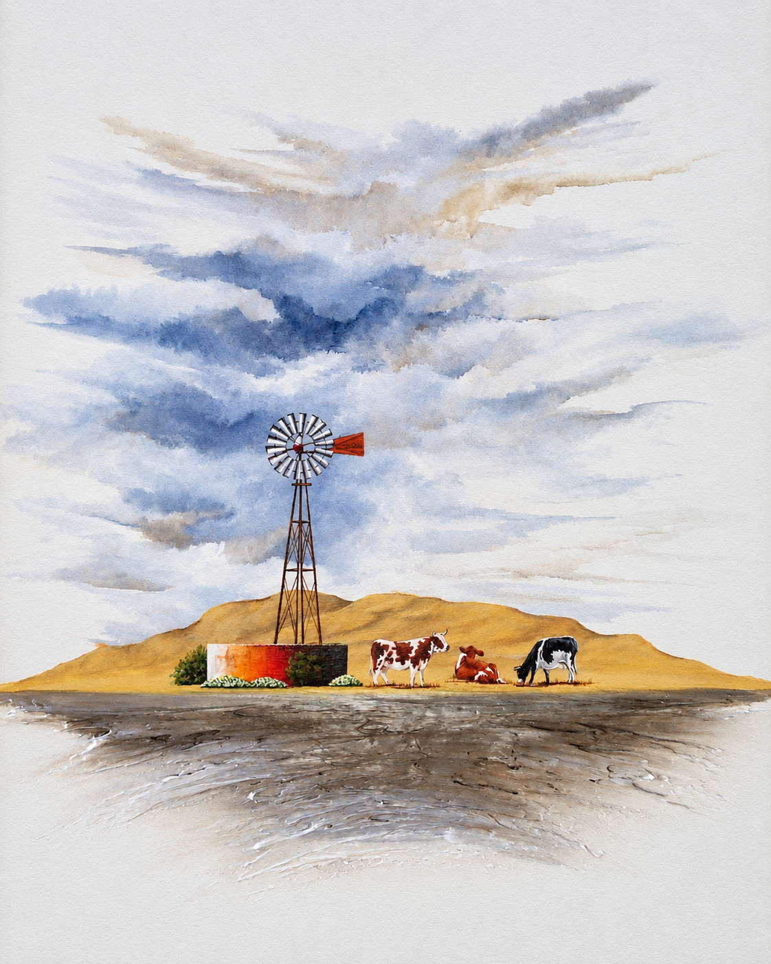 Ewaldi artwork: A metal windpump rises behind a tiny farm shed while three cattle graze across a golden hill.