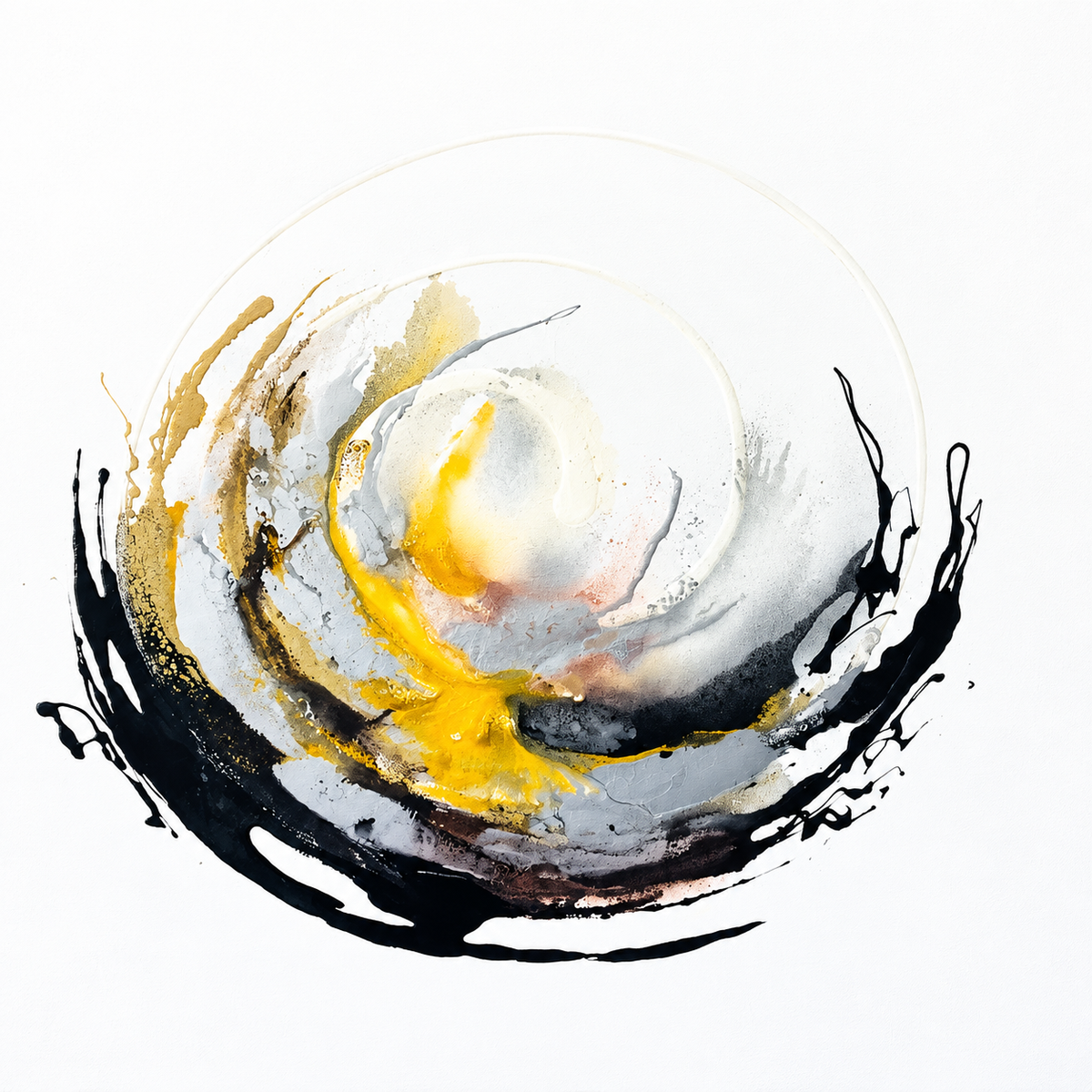 Ewaldi artwork: Rough black and golden-yellow brush arcs encircle a mostly white centre.