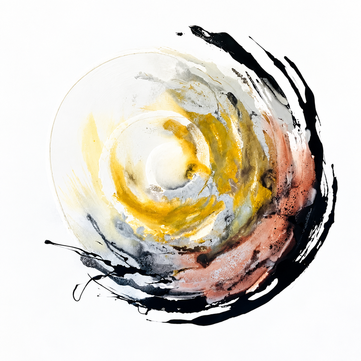 Ewaldi artwork: A broad uneven black brush arc curves around layered mustard-yellow and soft coral-pink rings.