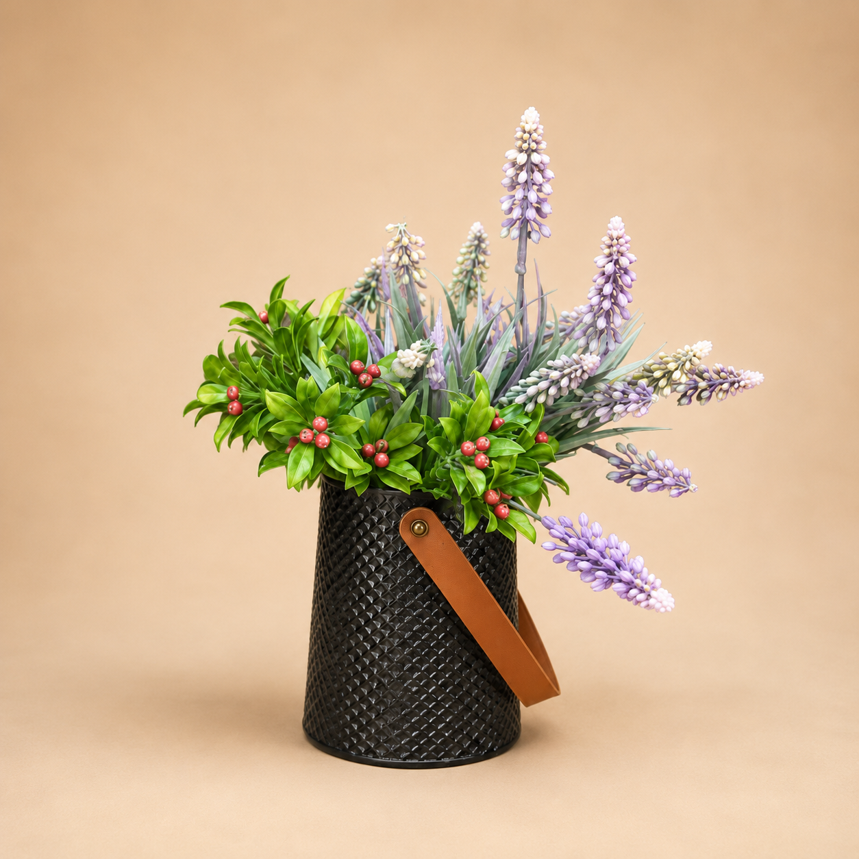 Faux Lavender Arrangement Black Vase photographed on a warm beige studio background