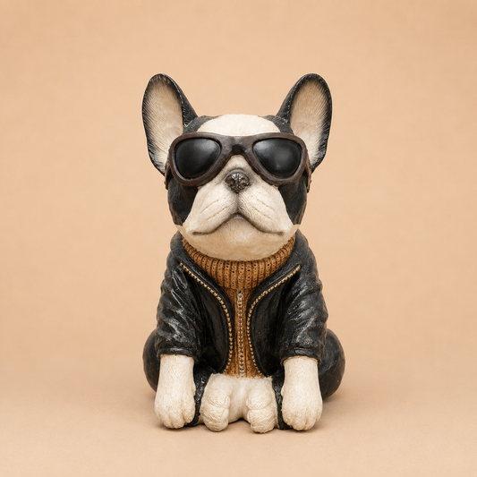 French Bulldog in Black Jacket Figurine photographed on a warm beige studio background